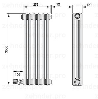 Схема (чертеж) Радиатор Zehnder Charleston 3300/6 №V004 Белый глянцевый RAL 9016